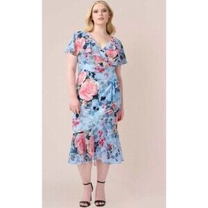 Adrianna Papell Floral Chiffon Faux Wrap Dress Women 20W  Midi Flutter Sleeves